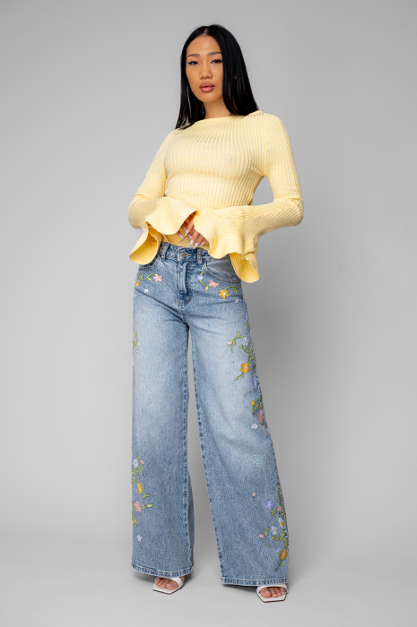 Blugi lungi elastici cu strasuri si broderie florala colorata Light Blue [5]