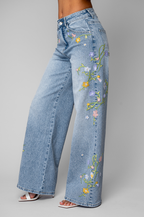 Blugi lungi elastici cu strasuri si broderie florala colorata Light Blue [2]