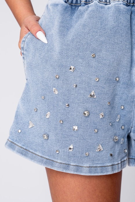Blue elastic waist cropped jeans with rhinestones [5]