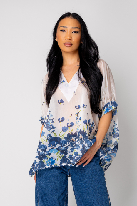 Women's Blouse Flowers White/Blue [2]