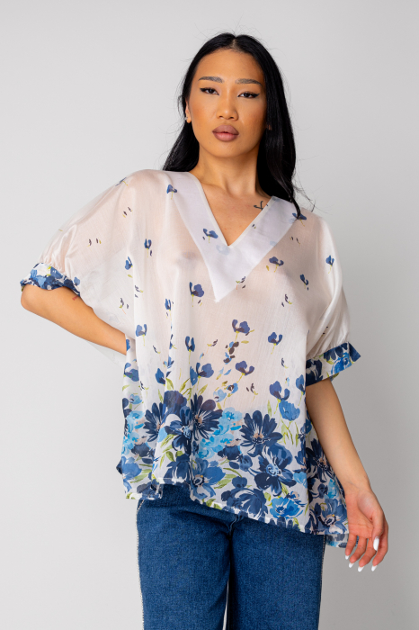 Women's Blouse Flowers White/Blue [3]