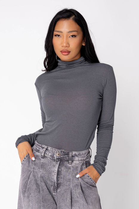 Bluza subtire cu guler inalt din mix de casmir Grey Anthracite