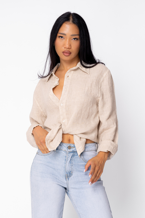 Camasa Boyfriend de plaja dIn 100% In Beige [5]