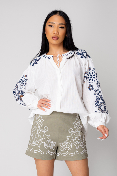 Women's embroidered long-sleeved shirt Off White/Navy [2]