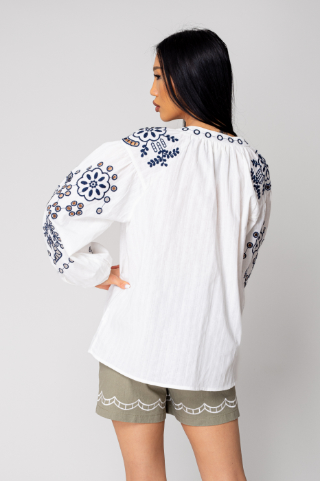 Women's embroidered long-sleeved shirt Off White/Navy [4]