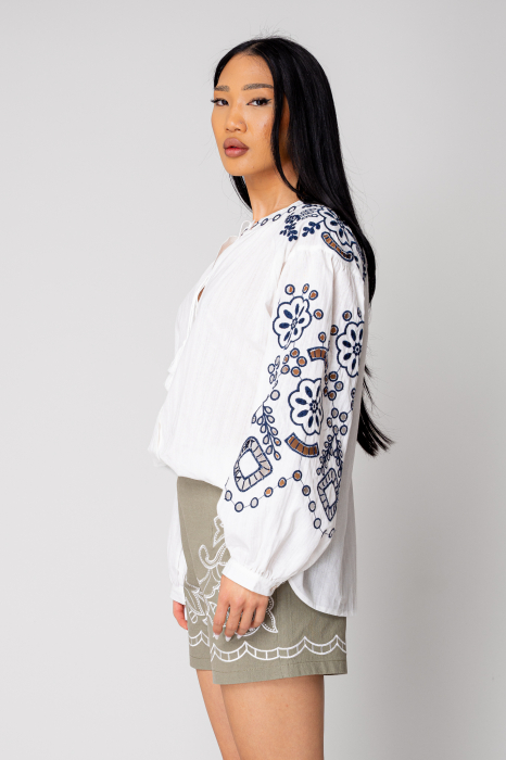 Women's embroidered long-sleeved shirt Off White/Navy [3]