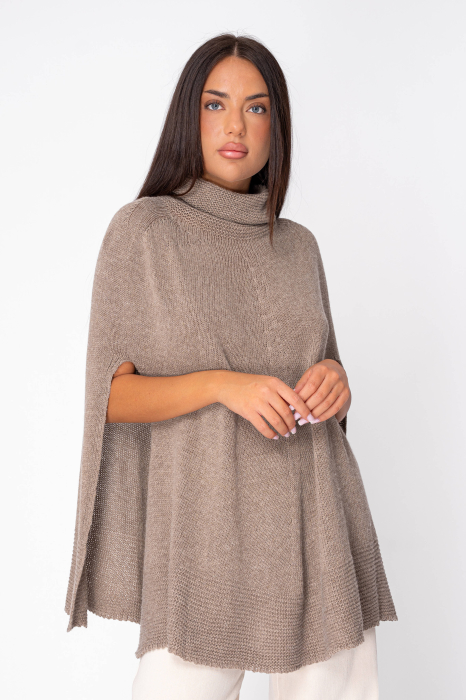 Capa tricotata cu guler inalt din mix de lana si casmir Taupe