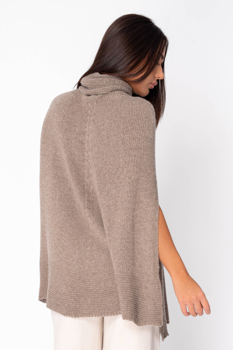 Capa tricotata cu guler inalt din mix de lana si casmir Taupe [3]