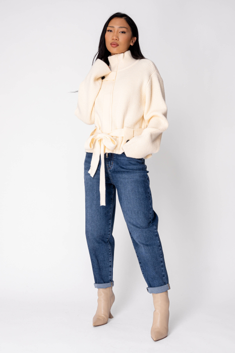 Cardigan scurt din mix de lana cu fermoar Cream