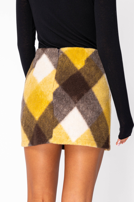 Short wool blend skirt in brown/mustard check [3]