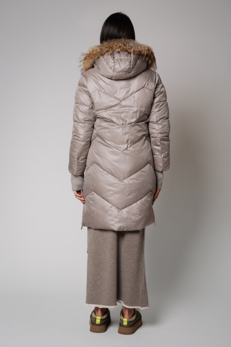Geaca lunga cu fermoar si blanita naturala Warm Taupe [3]
