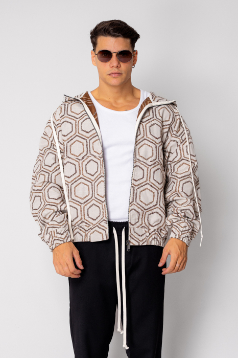 Jacheta cu fermoar si gluga Oversized Beige/Brown [2]