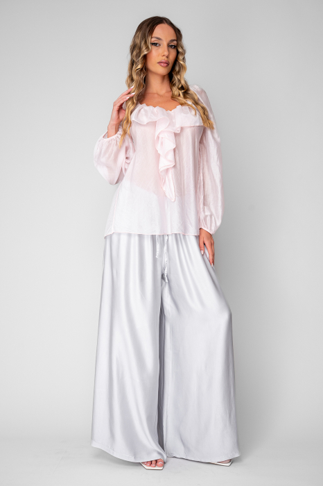 Pantalon lung din mix de matase Light Grey [5]