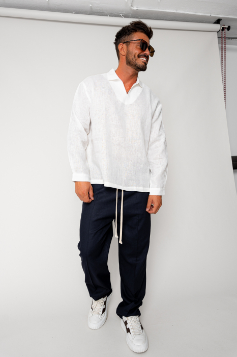 Linen long pants whit cord Navy [4]