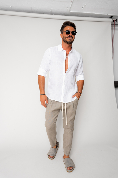 Linen long pants whit cord Taupe I [4]