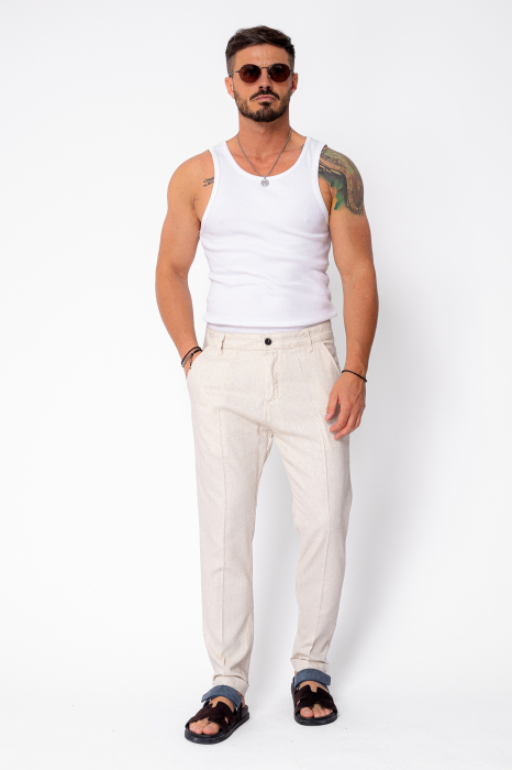 Pantaloni lungi din in cu nasture Beige [5]