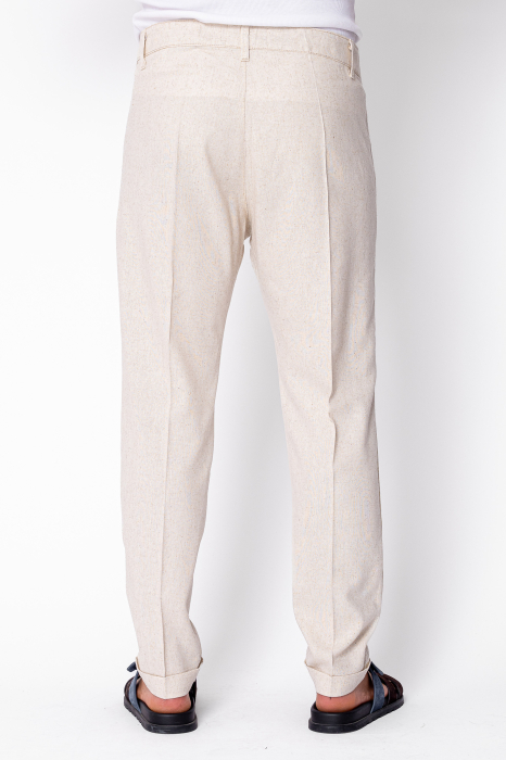 Pantaloni lungi din in cu nasture Beige [3]