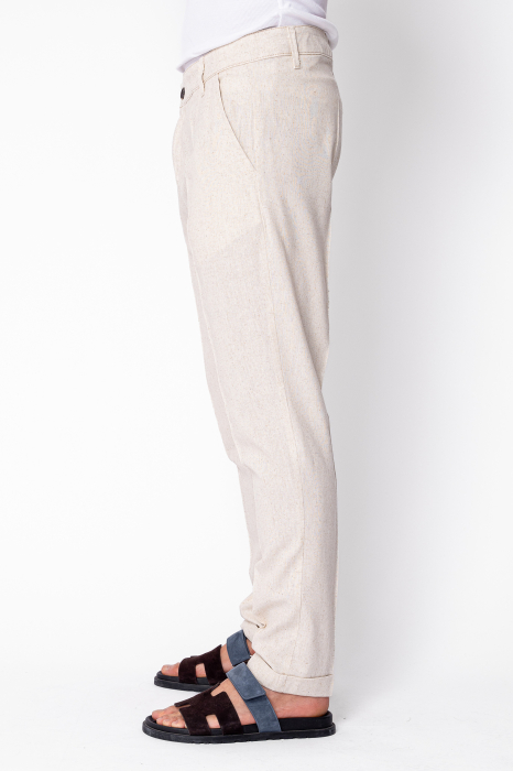 Pantaloni lungi din in cu nasture Beige [2]