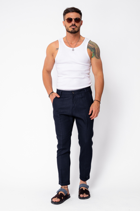 Pantaloni lungi din in cu nasture Navy [5]