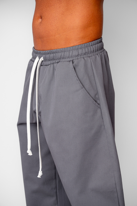 Pantaloni lungi drepti Oversized cu snur din 100% Bumbac - Premium Edition Grey Anthracite [4]