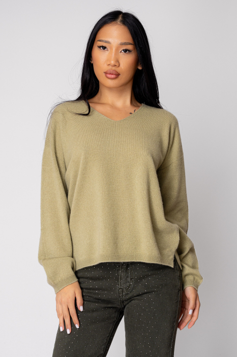 100% Cashmere V-neck Sweater, Olive [4]