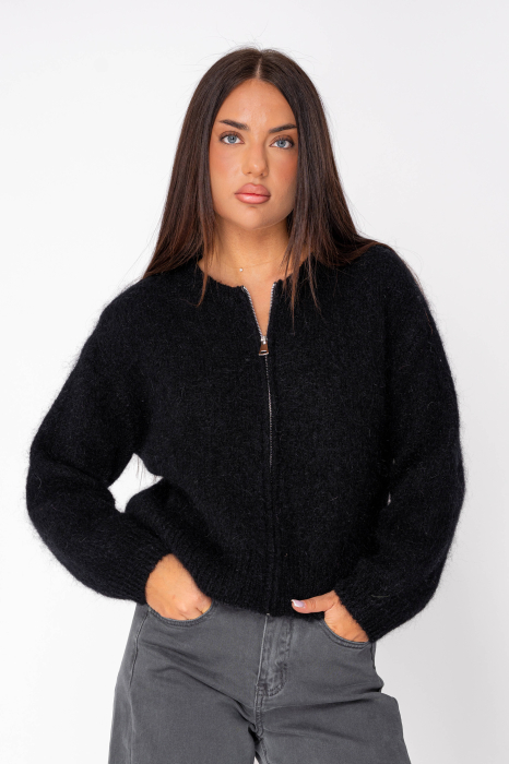 Pulover cu fermoar mix de lana si mohair Black [2]