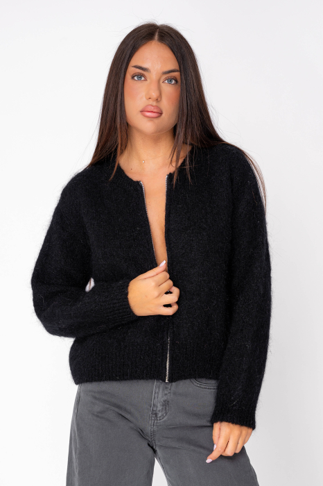 Pulover cu fermoar mix de lana si mohair Black