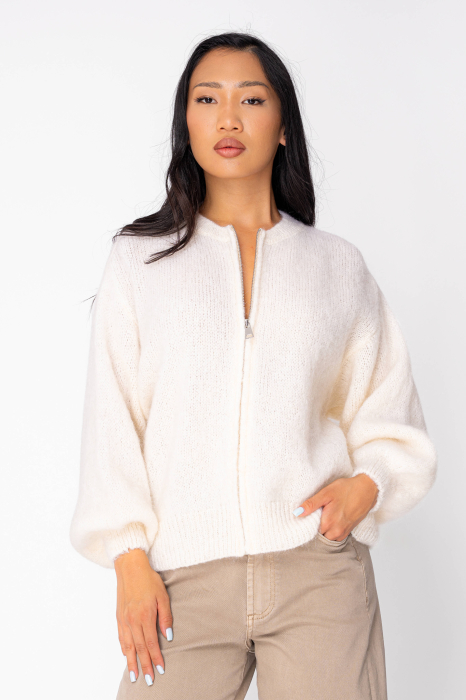 Pulover cu fermoar mix de lana si mohair Off White
