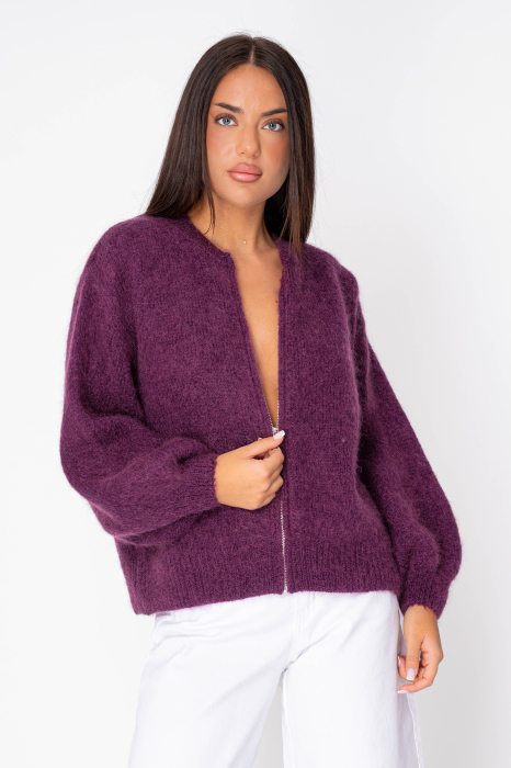 Pulover cu fermoar mix de lana si mohair Purple