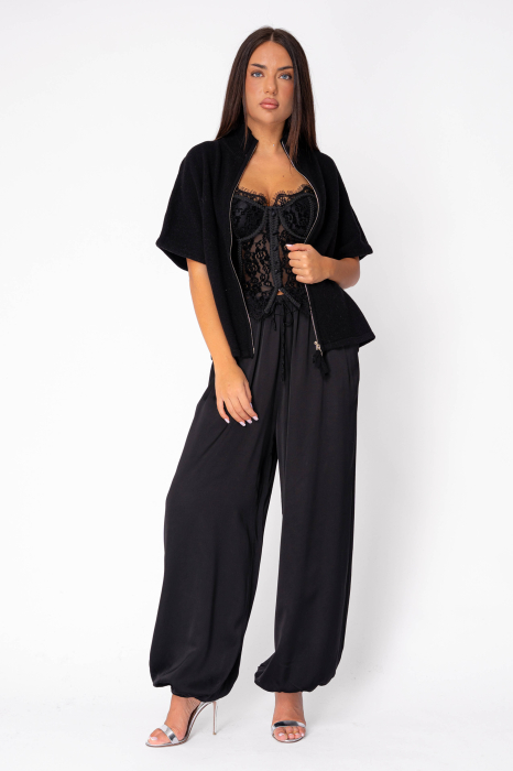 Pulover cu maneca scurta si fermoar din 100% Lana, Black