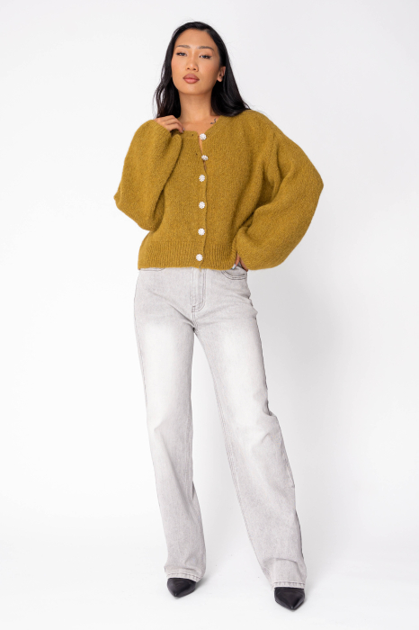 Pulover cu nasturi mix de lana si mohair alpaca Mustard [4]