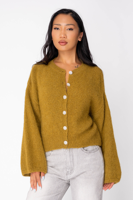 Pulover cu nasturi mix de lana si mohair alpaca Mustard