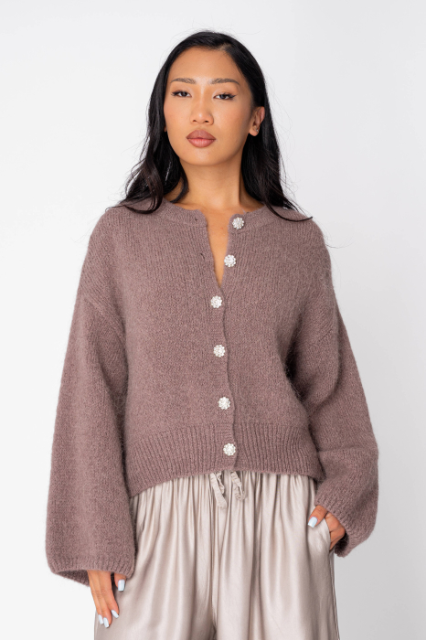 Pulover cu nasturi mix de lana si alpaca Taupe