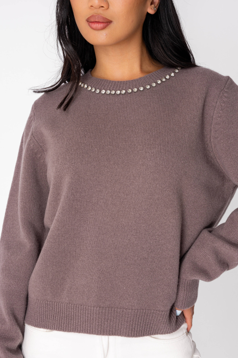 Pulover cu strasuri din 100% Lana Taupe [3]