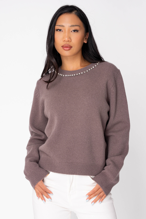 Pulover cu strasuri din 100% Lana Taupe