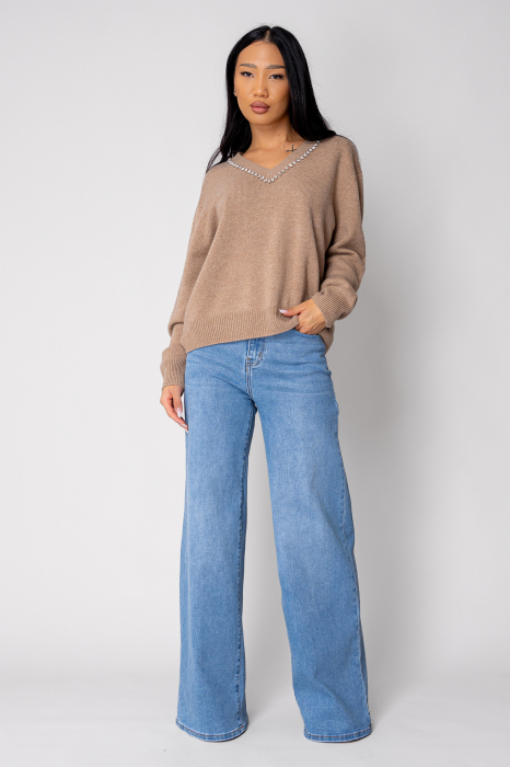 Pulover cu strasuri din lana si casmir Beige [5]