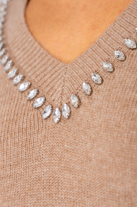 Pulover cu strasuri din lana si casmir Beige [4]