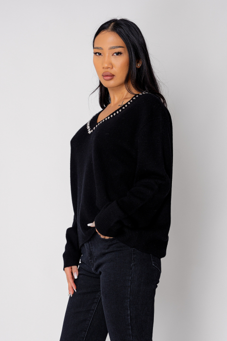 Pulover cu strasuri din lana si casmir Black [2]
