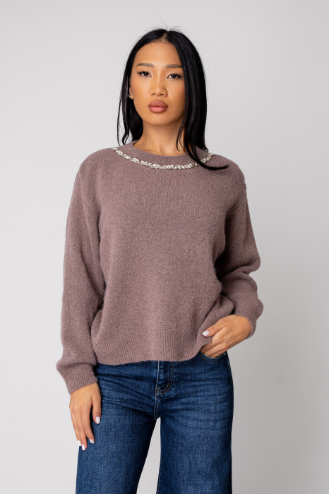 Pulover cu strasuri din mix de lana si alpaca Taupe [2]
