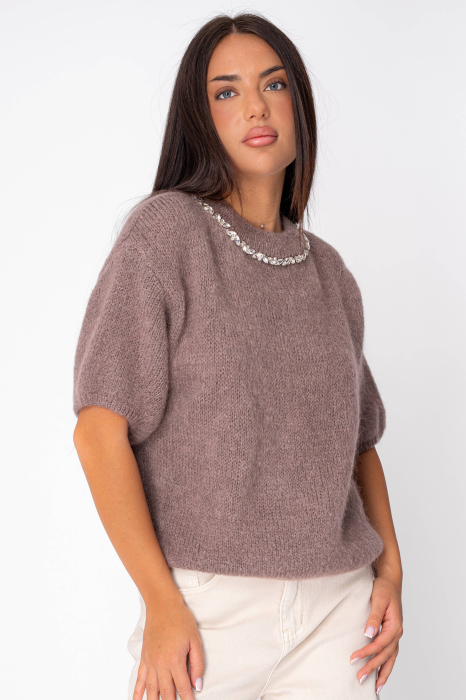 Pulover cu strasuri din mix lana si mohair Taupe