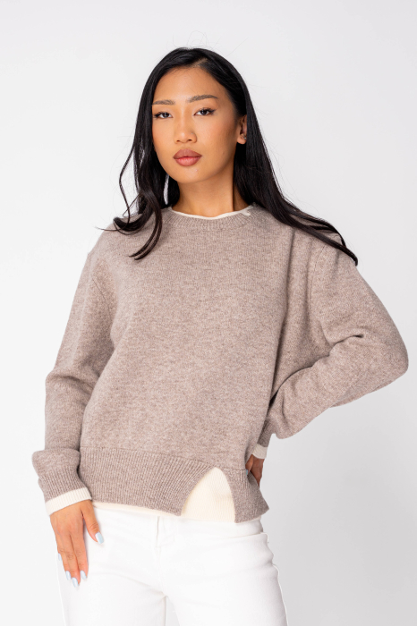 Lightweight 100% wool sweater, Taupe/Off White [3]