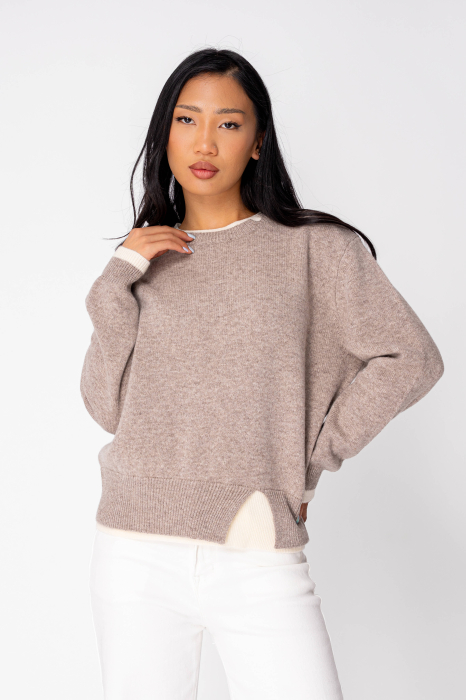 Lightweight 100% wool sweater, Taupe/Off White [2]
