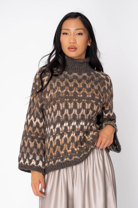 Pulover din mix de lana Brown Beige