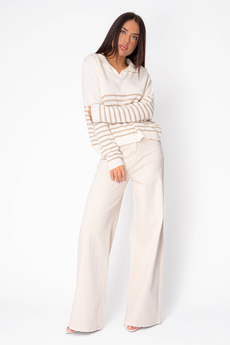 Off White/Beige Striped Wool and Cashmere Blend Sweater [5]