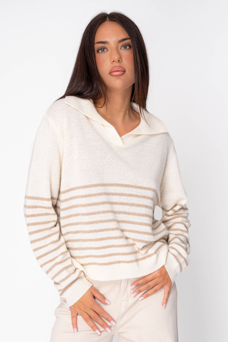 Pulover din mix de lana si casmir cu dungi Off White Beige