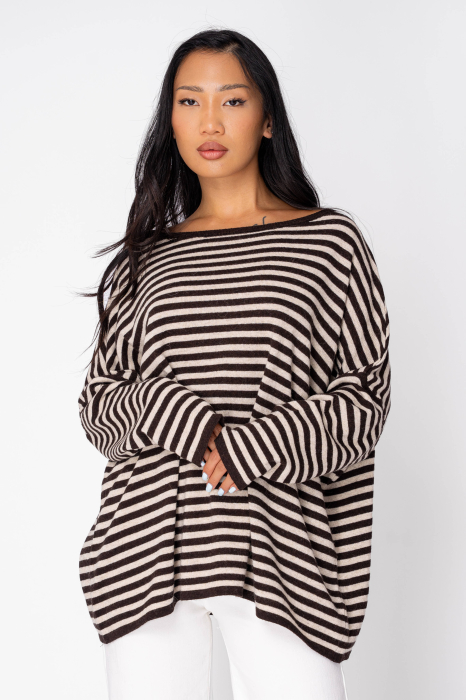 Pulover in dungi din mix de lana si casmir Beige Brown