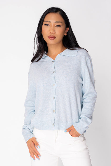 Pulover subtire cu nasturi din mix de lana si casmir Sky blue