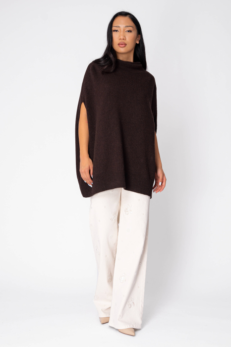 Pulover tip capa cu guler inalt fara maneci din mix de lana si casmir Brown