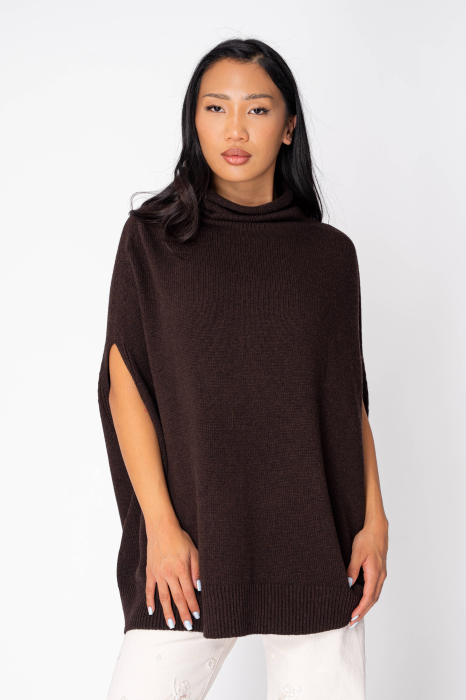 Pulover tip capa cu guler inalt fara maneci din mix de lana si casmir Brown [3]