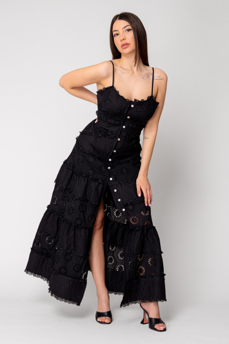 Rochie lunga cu nasturi si broderie Black [5]